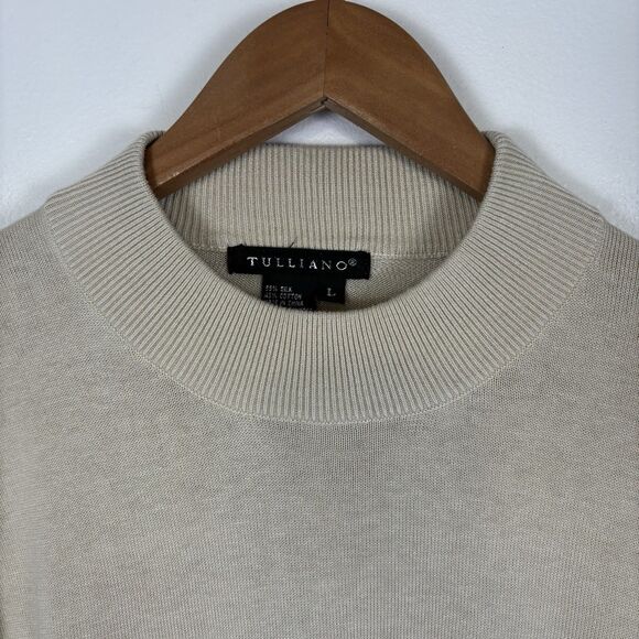 Tulliano Sweater Mens L Beige Silk Cotton Mock Neck Pullover Lightweight Flaw - Picture 4 of 7